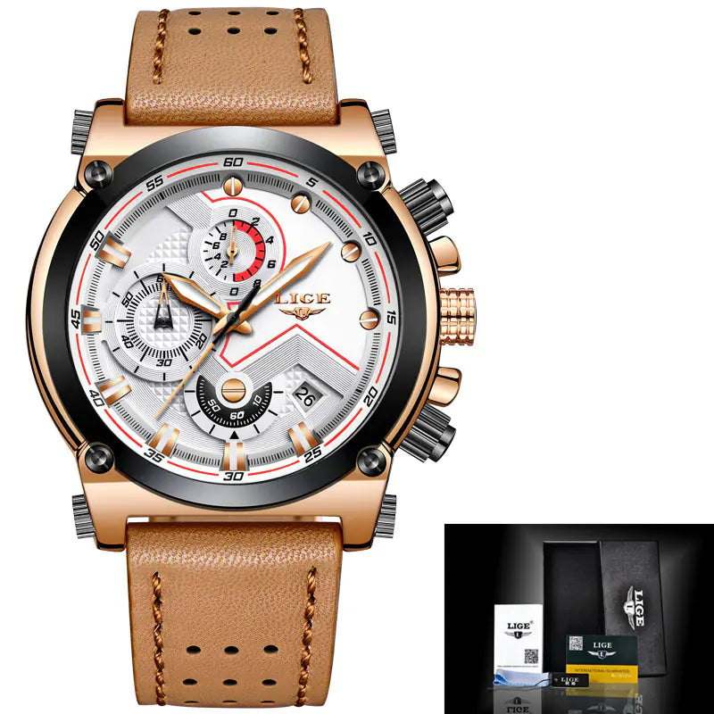 LIGE Waterproof Leather Quartz Watch for Men