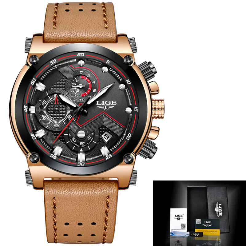 LIGE Waterproof Leather Quartz Watch for Men