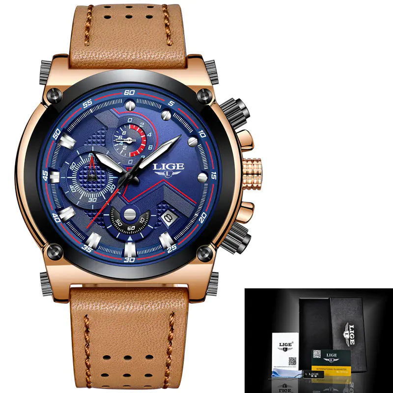 LIGE Waterproof Leather Quartz Watch for Men