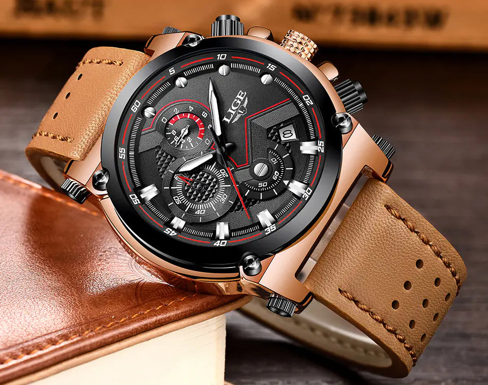 LIGE Waterproof Leather Quartz Watch for Men