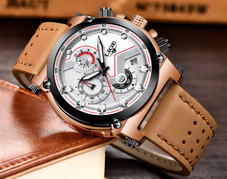 LIGE Waterproof Leather Quartz Watch for Men