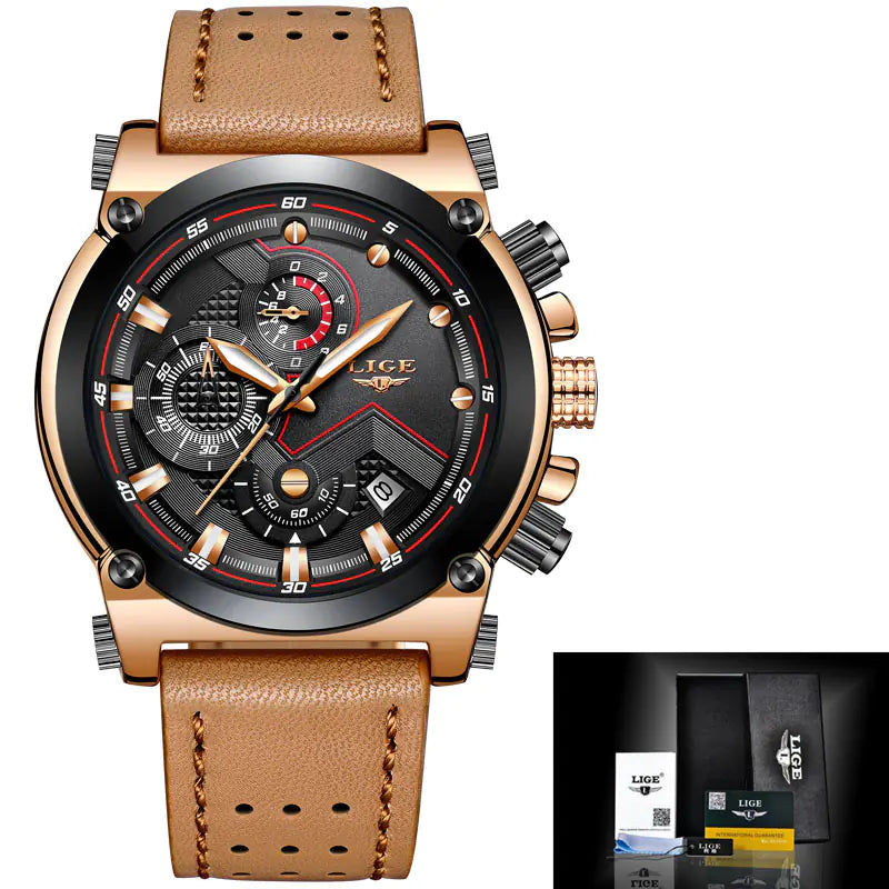 LIGE Waterproof Leather Quartz Watch for Men